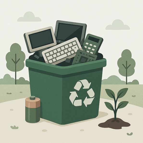 Ilustração de lixeira de reciclagem com eletrônicos e plantas crescendo ao redor, simbolizando os benefícios ambientais