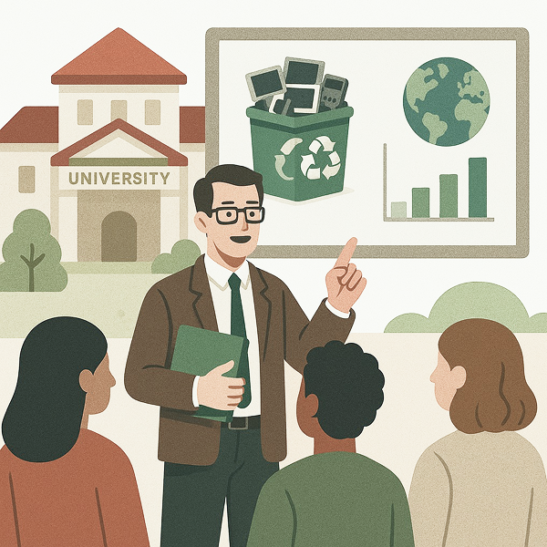 Professor apresentando sobre reciclagem de eletrônicos para estudantes em ambiente universitário