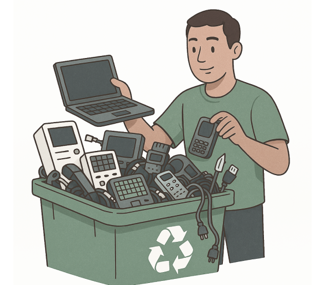 Ilustração de pessoa descartando eletrônicos em uma lixeira de reciclagem