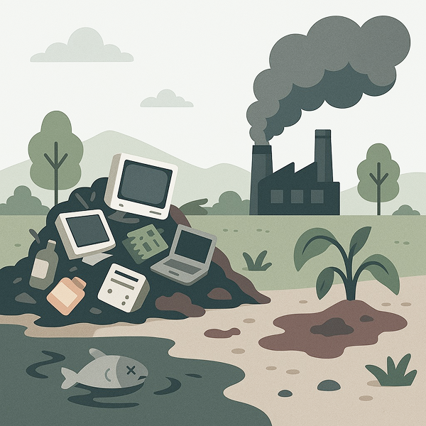 Ilustração mostrando o impacto ambiental do descarte incorreto de lixo eletrônico, com poluição do solo, água e ar